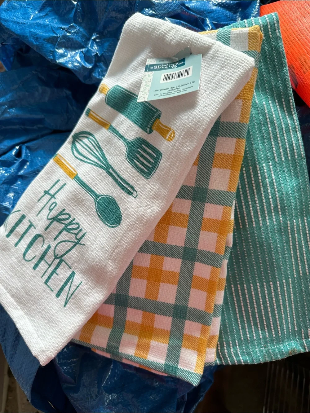 Happy Kitchen Teal & Mustard Cotton Tea Towels - 3 Pack